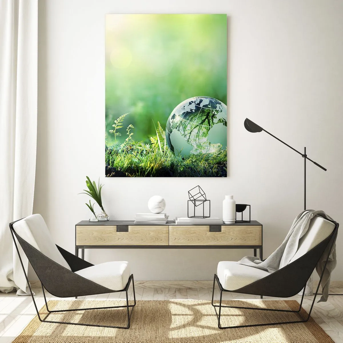 Cuadro sobre vidrio - Impresiones sobre Vidrio - Un globo de cristal entre el verdor de la naturaleza. - 70x100cm - Planeta verde - Decoración de pared moderna para salón y dormitorio ARTTOR