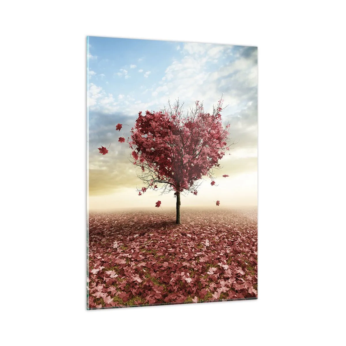 Cuadro sobre vidrio - Impresiones sobre Vidrio - Un árbol en forma de corazón contra un campo de hojas rojas. - 50x70cm - Amor de otoño - Decoración de pared moderna para salón y dormitorio ARTTOR