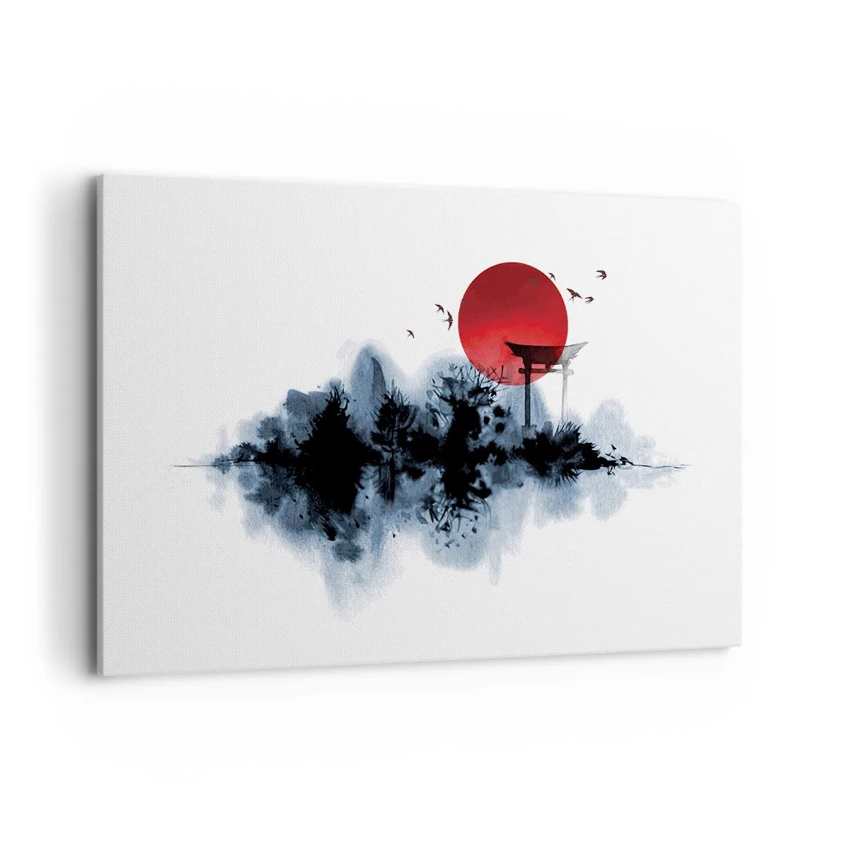 Cuadro sobre lienzo - Impresión de Imagen - Sol rojo sobre un paisaje pintoresco con torii - 120x80cm - Visión japonesa - Decoración de pared moderna para salón y dormitorio ARTTOR