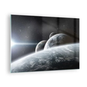 Cuadro sobre vidrio - Impresiones sobre Vidrio - Planetas en el espacio exterior con un rayo de luz. - 70x50cm - Música cósmica de las esferas - Decoración de pared moderna para salón y dormitorio ARTTOR