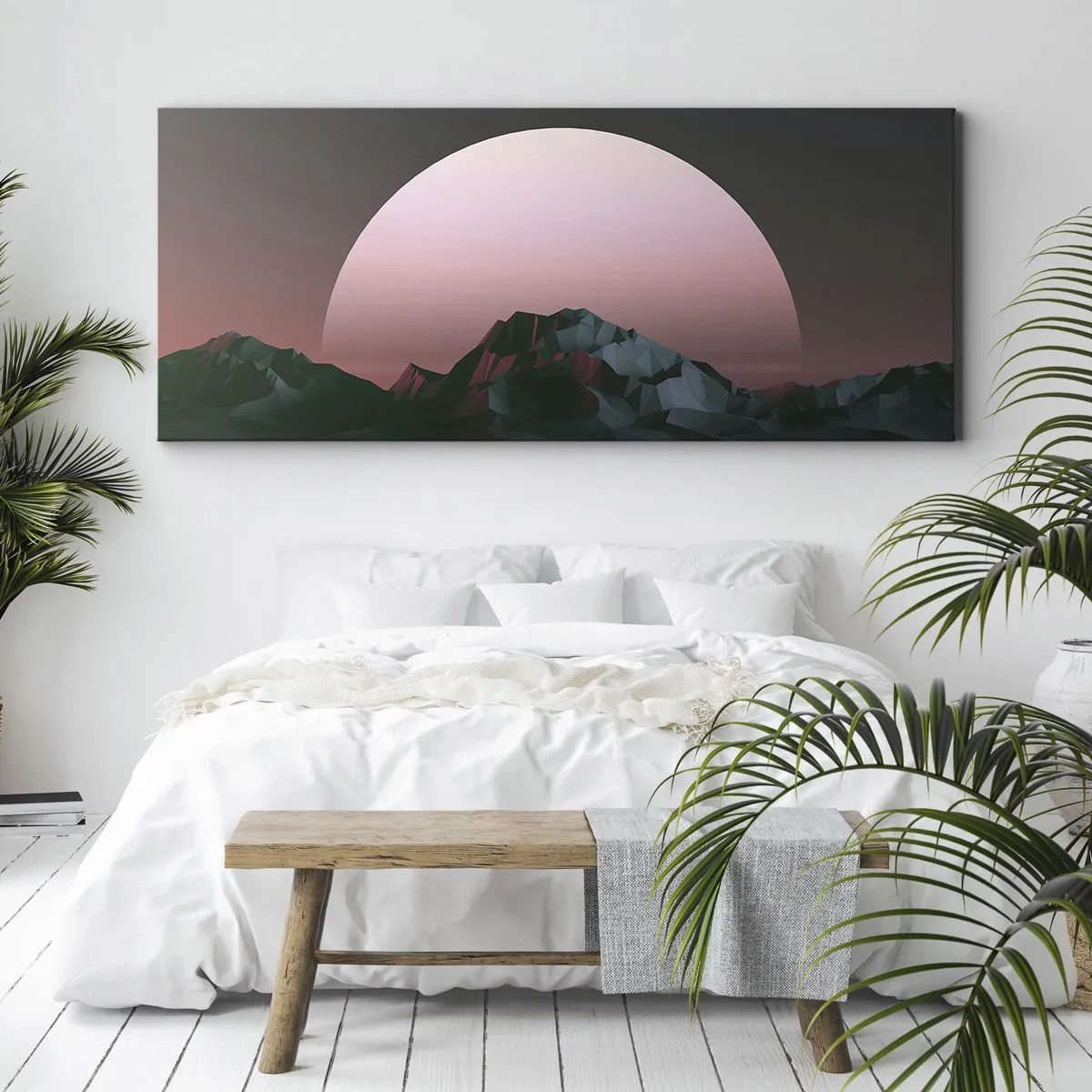 Cuadro sobre lienzo - Impresión de Imagen - Montañas geométricas con el sol poniente al fondo - 140x50cm - En una galaxia muy muy lejana - Decoración de pared moderna para salón y dormitorio ARTTOR