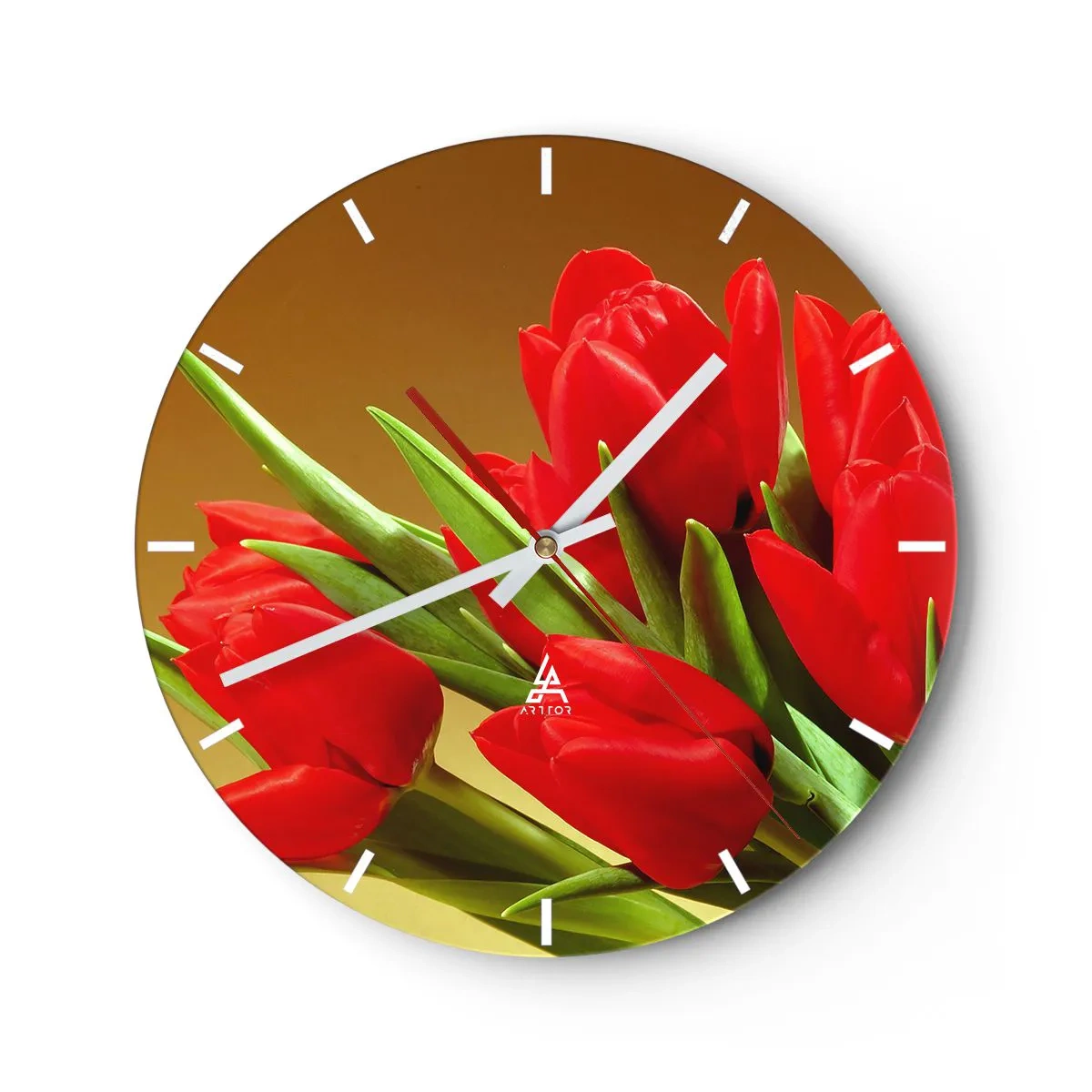 Reloj de pared - Reloj de vidrio - Un ramo de tulipanes rojos sobre un fondo dorado. - 30x30cm - Estallido de alegría primaveral - Decoración de pared moderna para salón, cocina y dormitorio ARTTOR