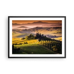 Póster en marco negro - Paisaje toscano con viñedos y una casa en una colina. - 70x50cm - Paisaje toscano - Decoración de pared moderna para salón y dormitorio ARTTOR