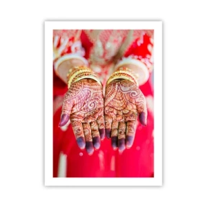 Póster - Manos decorativas de henna sobre un fondo rojo. - 50x70cm - Ritual con las manos - Decoración de pared moderna para salón y dormitorio ARTTOR