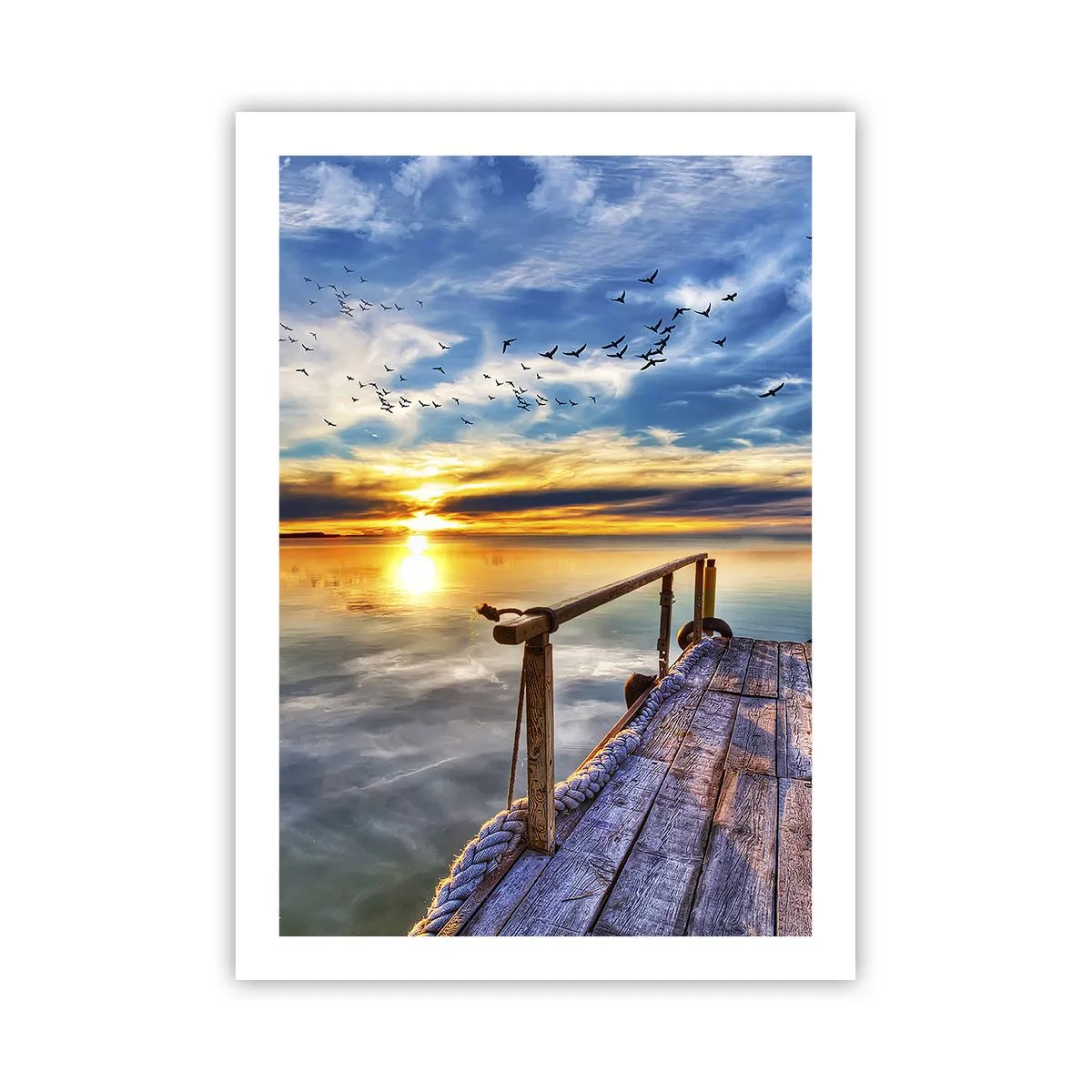 Póster - Muelle de madera sobre el lago al atardecer - 50x70cm - El viento se va a descansar - Decoración de pared moderna para salón y dormitorio ARTTOR