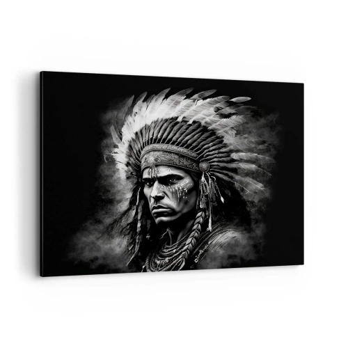 Cuadro sobre lienzo - Impresión de Imagen - Retrato de un jefe con un tocado de plumas sobre un fondo negro - 100x70cm - Líder y guerrero - Decoración de pared moderna para salón y dormitorio ARTTOR