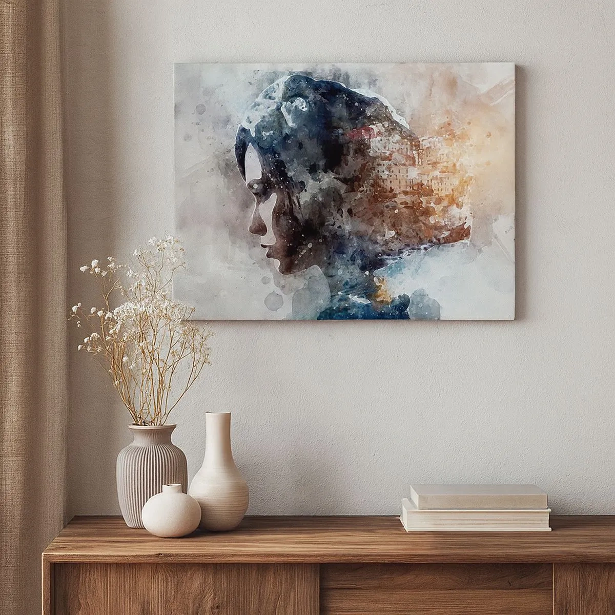 Cuadro sobre lienzo - Impresión de Imagen - Retrato de una mujer que combina su rostro con un paisaje urbano de fondo. - 70x50cm - Una historia sobre una niña con una ciudad de fondo - Decoración de pared moderna para salón y dormitorio ARTTOR