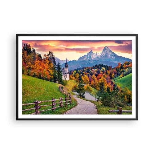 Póster en marco negro - Paisaje otoñal de montaña con capilla y puesta de sol. - 100x70cm - Paisaje como una pintura - Decoración de pared moderna para salón y dormitorio ARTTOR