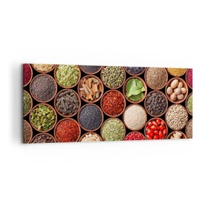 Cuadro sobre lienzo - Impresión de Imagen - Especias de colores en recipientes redondos - 120x50cm - Todos los sabores del mundo - Decoración de pared moderna para salón y dormitorio ARTTOR