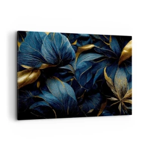 Cuadro sobre lienzo - Impresión de Imagen - Hojas elegantes en tonos dorados y azul marino. - 100x70cm - Forradas de oro - Decoración de pared moderna para salón y dormitorio ARTTOR