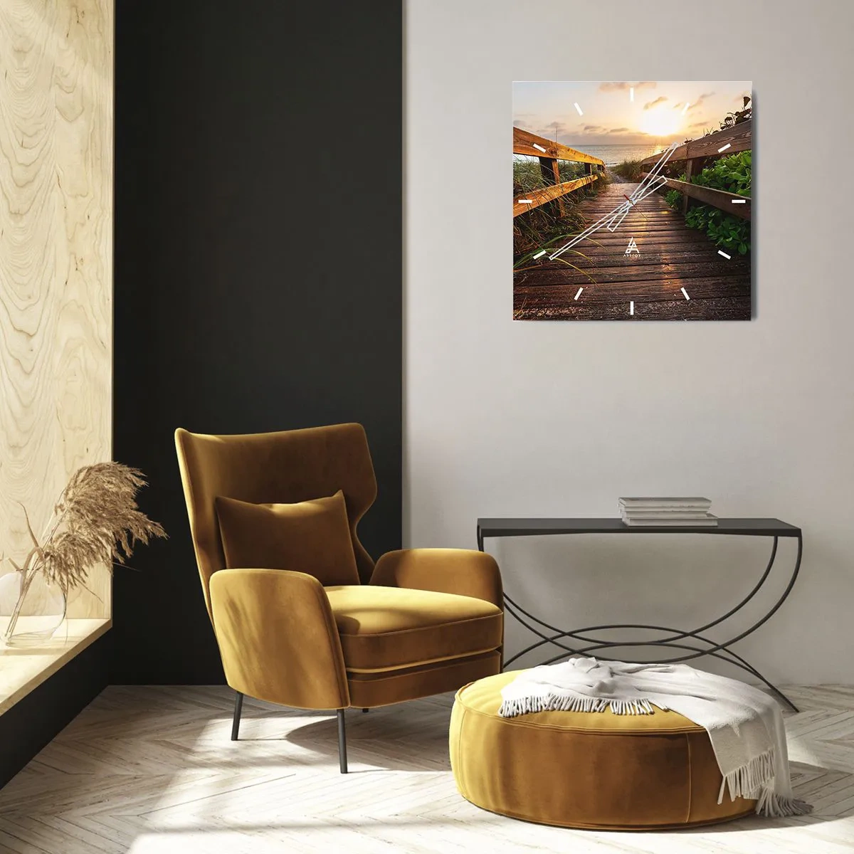 Reloj de pared - Reloj de vidrio - Muelle de madera que conduce a la playa al atardecer - 30x30cm - Y directamente a la orilla - Decoración de pared moderna para salón y dormitorio ARTTOR