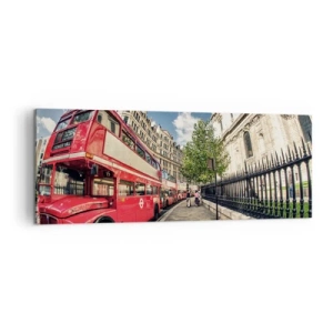 Cuadro sobre lienzo - Impresión de Imagen - Autobús rojo de dos pisos en Londres, cerca de la calle y la catedral. - 140x50cm - Una calle de Londres en gris y rojo - Decoración de pared moderna para salón y dormitorio ARTTOR