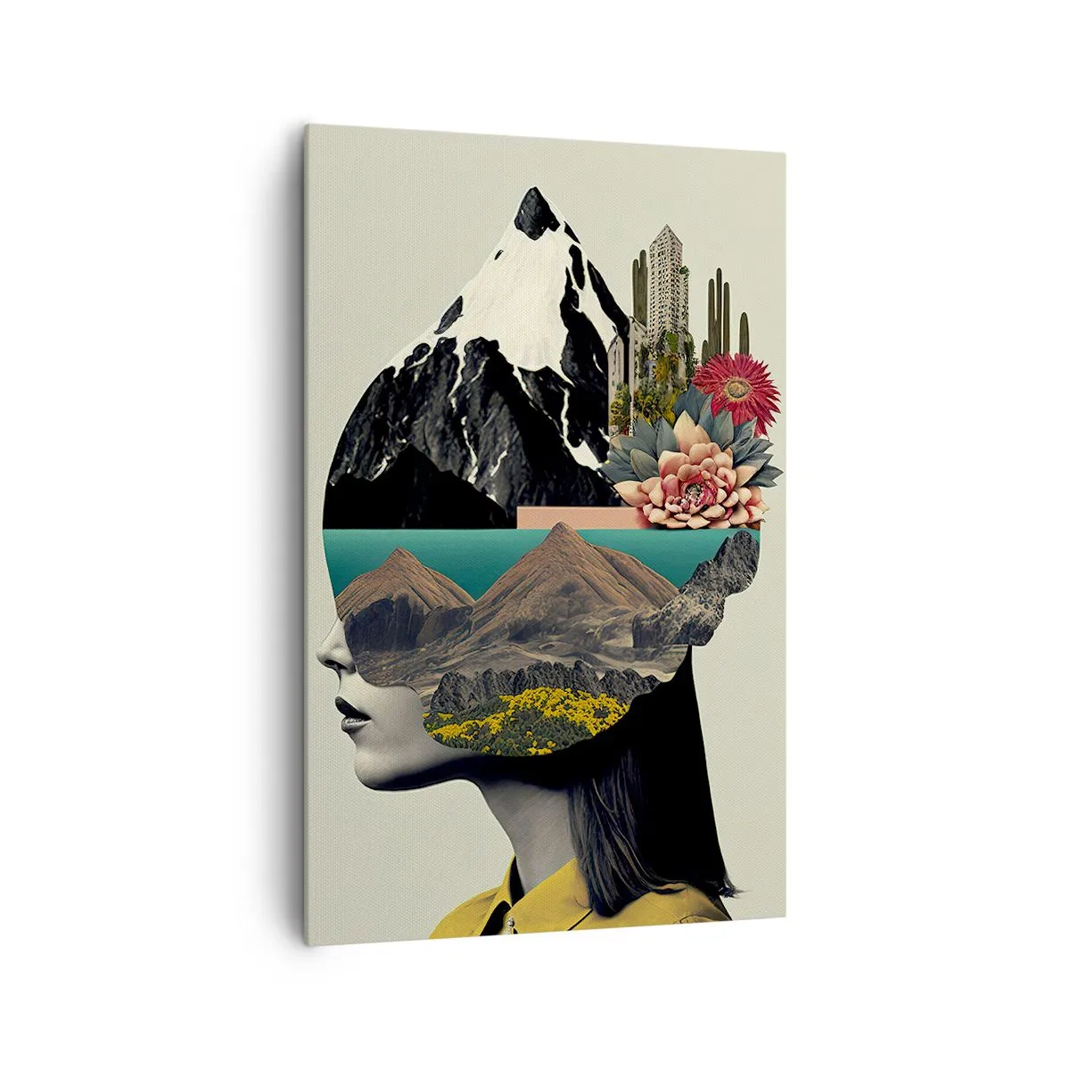 Cuadro sobre lienzo - Impresión de Imagen - Collage de una mujer con un paisaje de montaña y flores. - 80x120cm - La mujer, siempre un misterio - Decoración de pared moderna para salón y dormitorio ARTTOR
