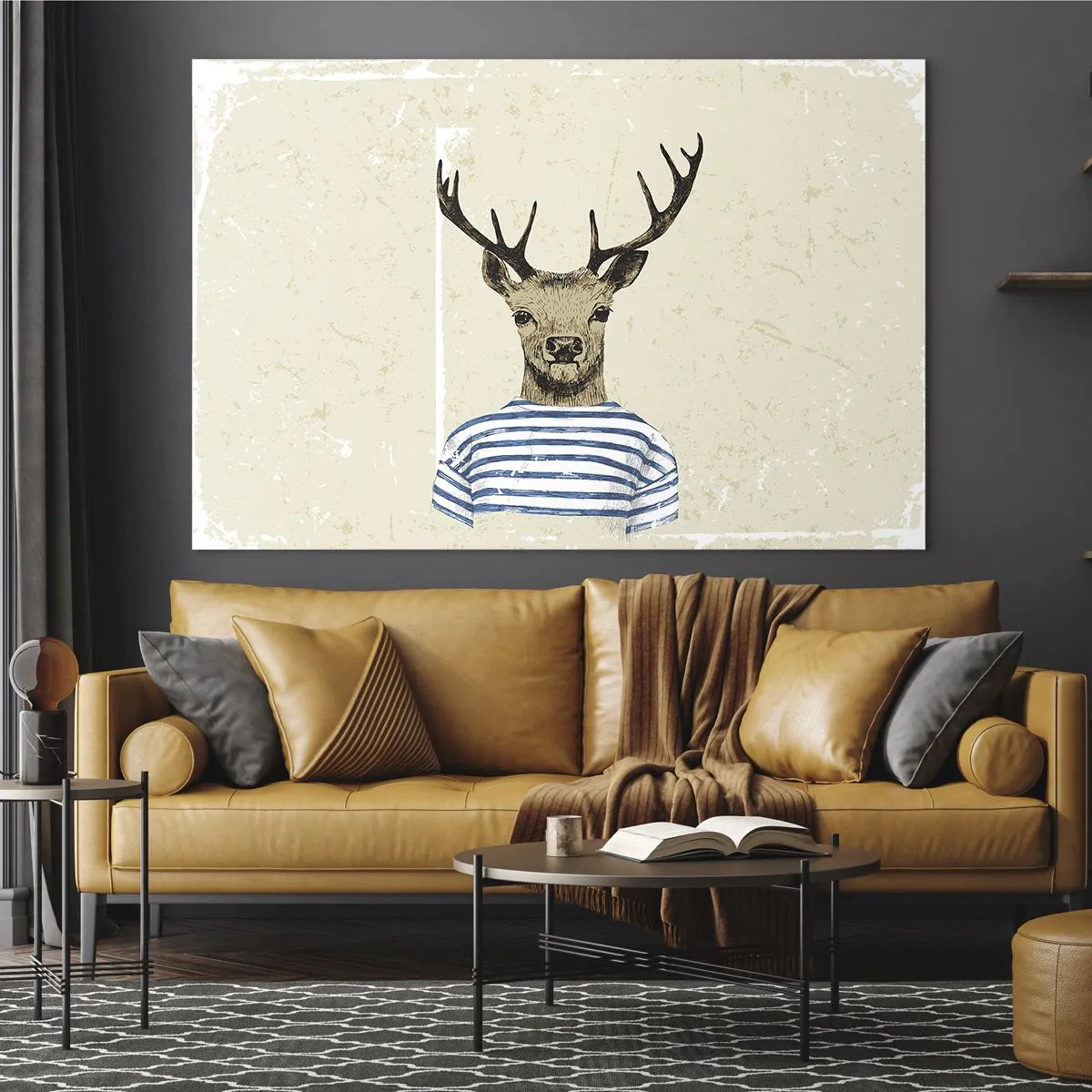 Cuadro sobre vidrio - Impresiones sobre Vidrio - Gráfico de un ciervo con camisa de marinero sobre un fondo claro. - 70x50cm - Porque me gustan las camisas de rayas - Decoración de pared moderna para salón y dormitorio ARTTOR