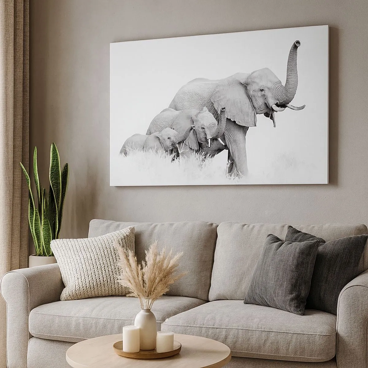 Cuadro sobre lienzo - Impresión de Imagen - Una familia de elefantes frente a un paisaje africano en blanco y negro. - 70x50cm - Uno, dos, tres - Decoración de pared moderna para salón y dormitorio ARTTOR