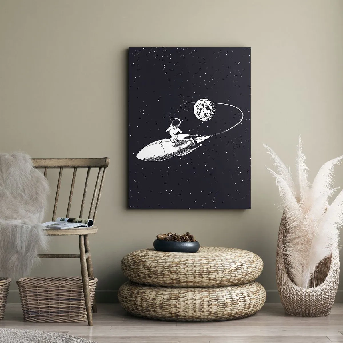 Cuadro sobre lienzo - Impresión de Imagen - Astronauta en un cohete en el espacio - 50x70cm - Surfista espacial - Decoración de pared moderna para salón y dormitorio ARTTOR