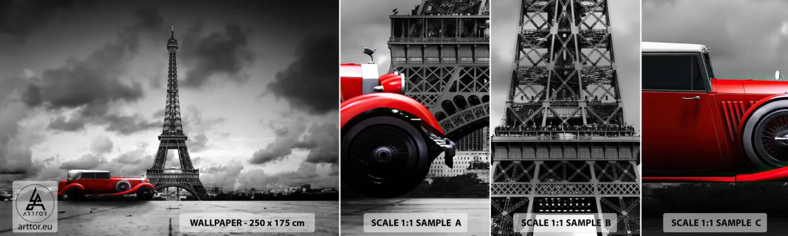 Muestra de fotomural autoadhesivo Deluxe Sticker - No hace mucho tiempo, en París - Automotor, Torre Eiffel, París - 100x30 cm