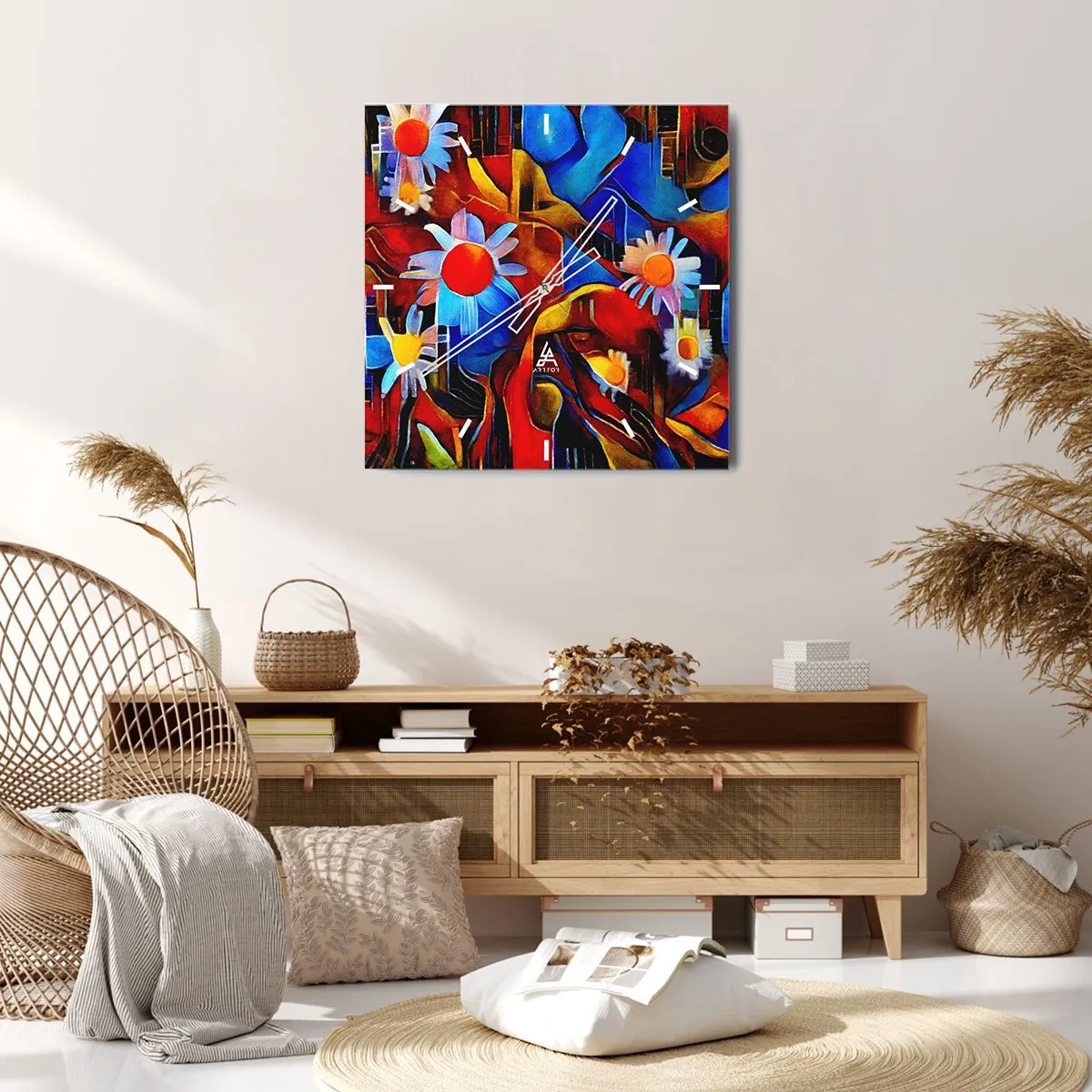 Reloj de pared - Reloj de vidrio - Flores abstractas sobre un fondo de patrones geométricos. - 30x30cm - Colores de la vida - Decoración de pared moderna para salón y dormitorio ARTTOR