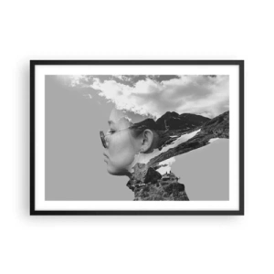 Póster en marco negro - Una composición en blanco y negro con la silueta de una mujer y un paisaje de montaña. - 70x50cm - Retrato sobre montañas y nubes - Decoración de pared moderna para salón y dormitorio ARTTOR