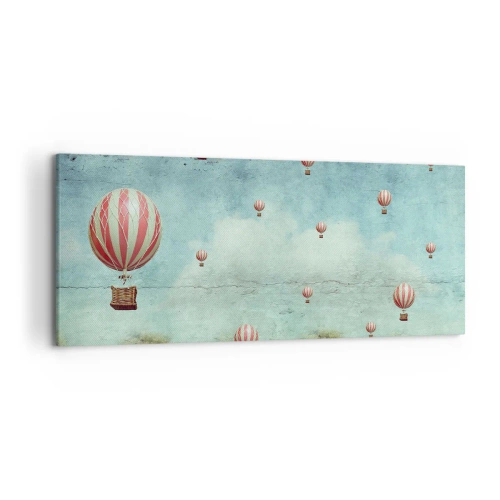 Cuadro sobre lienzo - Impresión de Imagen - Globos retro contra un cielo azul y un fondo verde. - 120x50cm - Libre del ajetreo de la vida - Decoración de pared moderna para salón y dormitorio ARTTOR