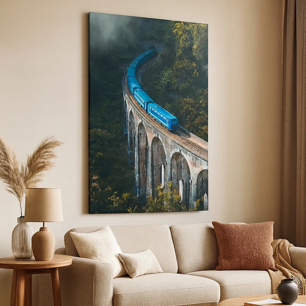 Cuadro sobre lienzo - Impresión de Imagen - Un tren azul en un viaducto histórico entre los bosques. - 50x70cm - Vías sobre la naturaleza - Decoración de pared moderna para salón y dormitorio ARTTOR