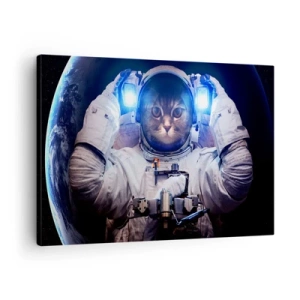 Cuadro sobre lienzo - Impresión de Imagen - Un gato en un traje de astronauta con la Tierra al fondo y una luz brillante. - 70x50cm - Houston, tienes un problema. - Decoración de pared moderna para salón y dormitorio ARTTOR