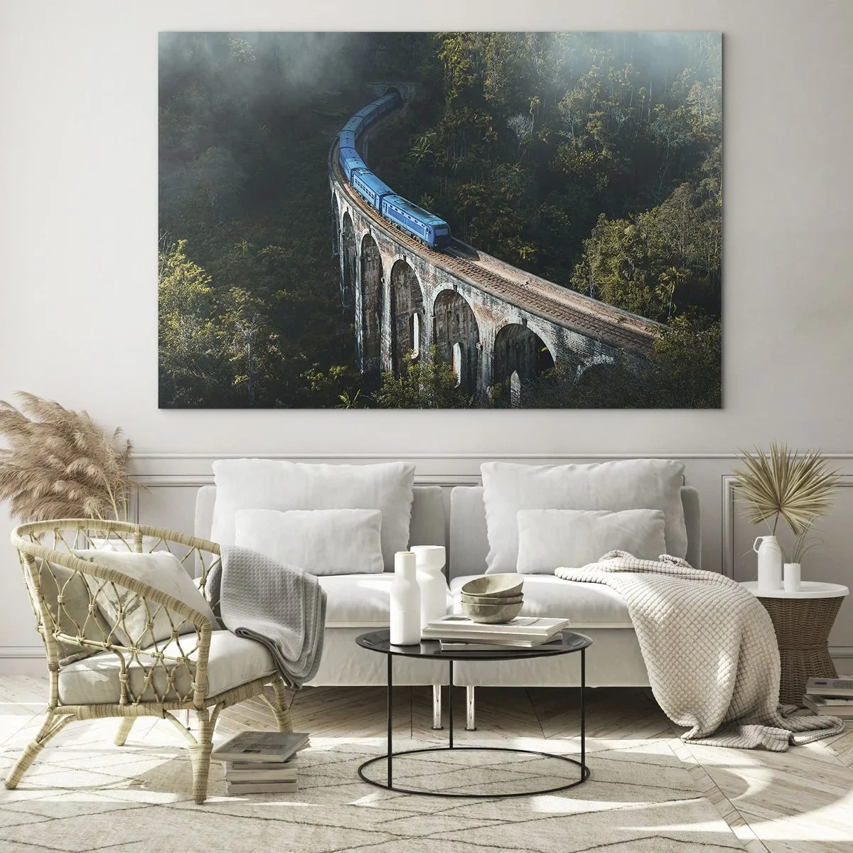 Cuadro sobre vidrio - Impresiones sobre Vidrio - Un tren azul que viaja por un viaducto de piedra en el bosque. - 100x70cm - Vías sobre la naturaleza - Decoración de pared moderna para salón y dormitorio ARTTOR