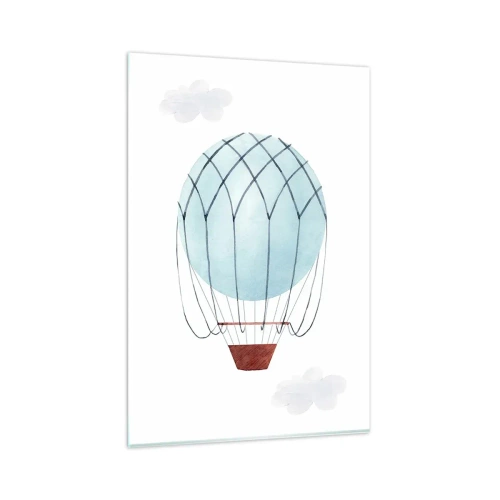 Cuadro sobre vidrio - Impresiones sobre Vidrio - Un globo pintado a mano sobre un fondo de delicadas nubes. - 80x120cm - Acariciando las nubes - Decoración de pared moderna para salón y dormitorio ARTTOR