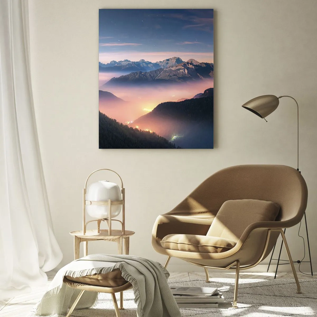 Cuadro sobre vidrio - Impresiones sobre Vidrio - Un paisaje de montaña con un valle lleno de niebla. - 70x100cm - Luz en los valles - Decoración de pared moderna para salón y dormitorio ARTTOR