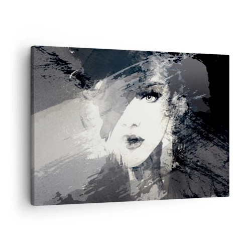 Cuadro sobre lienzo - Impresión de Imagen - Un retrato abstracto de una mujer en tonos grises con acentos delicados. - 70x50cm - Tras un velo gris - Decoración de pared moderna para salón y dormitorio ARTTOR