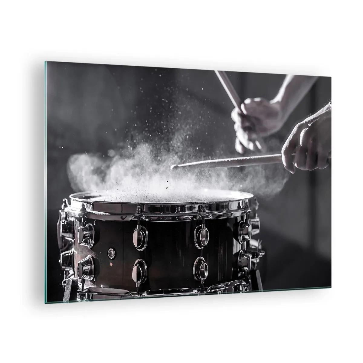 Cuadro sobre vidrio - Impresiones sobre Vidrio - Tambores en movimiento con pólvora flotando - 70x50cm - El pulso de la música - Decoración de pared moderna para salón y dormitorio ARTTOR