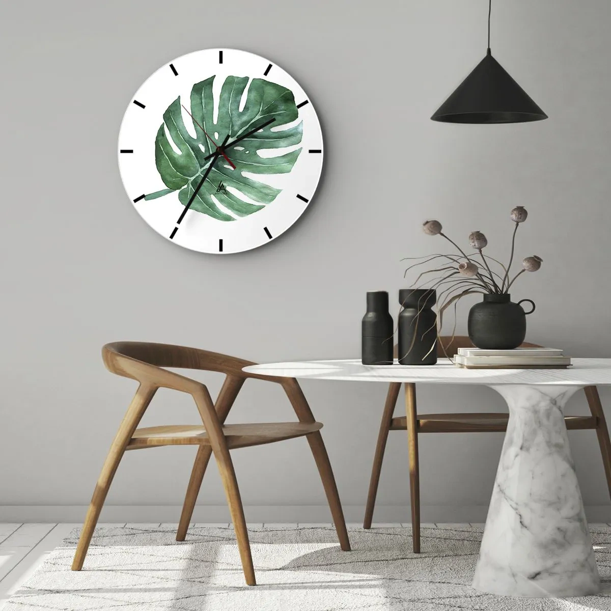 Reloj de pared - Reloj de vidrio - Ilustración en acuarela de una hoja de monstera - 30x30cm - Concepto verde - Decoración de pared moderna para salón, cocina y dormitorio ARTTOR