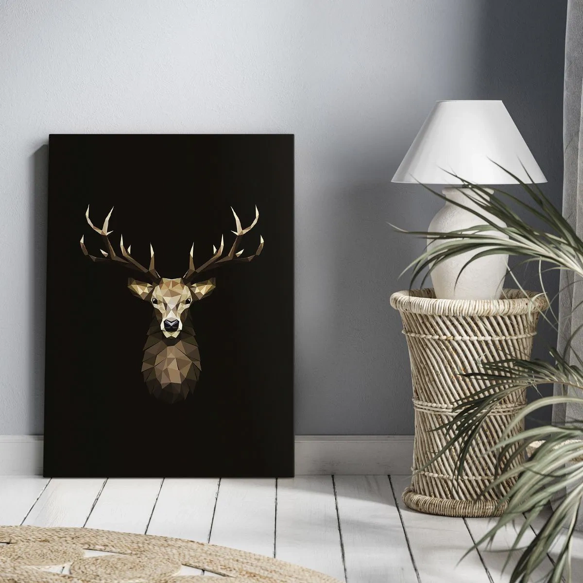 Cuadro sobre lienzo - Impresión de Imagen - Ciervo poligonal geométrico sobre fondo negro - 50x70cm - Ciervo cubista - Decoración de pared moderna para salón y dormitorio ARTTOR