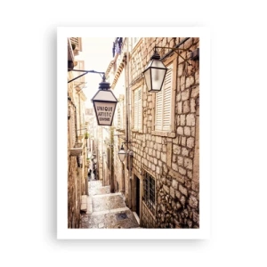 Póster - Una encantadora calle de piedra con faroles y escaleras. - 50x70cm - Un callejón encantador - Decoración de pared moderna para salón y dormitorio ARTTOR