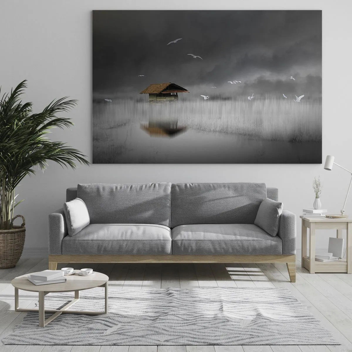 Cuadro sobre vidrio - Impresiones sobre Vidrio - Una casa sobre el agua en la niebla con pájaros volando. - 70x50cm - Resguardo de la lluvia - Decoración de pared moderna para salón y dormitorio ARTTOR
