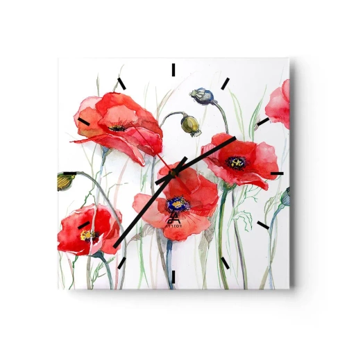 Reloj de pared - Reloj de vidrio - Amapolas de acuarela sobre un fondo delicado - 30x30cm - Flores polacas - Decoración de pared moderna para salón y dormitorio ARTTOR