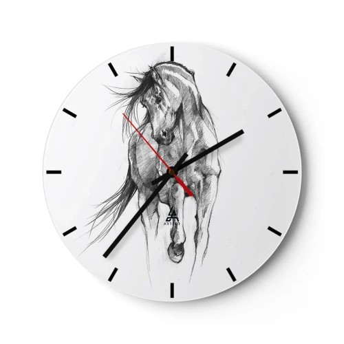 Reloj de pared - Reloj de vidrio - Un dibujo a lápiz de un caballo al galope sobre un fondo blanco. - 30x30cm - En un elegante trote - Decoración de pared moderna para salón, cocina y dormitorio ARTTOR