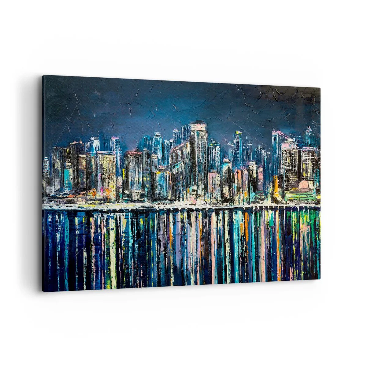 Cuadro sobre lienzo - Impresión de Imagen - Panorama de la ciudad nocturna reflejada en el agua. - 120x80cm - Una cascada de luces - Decoración de pared moderna para salón y dormitorio ARTTOR