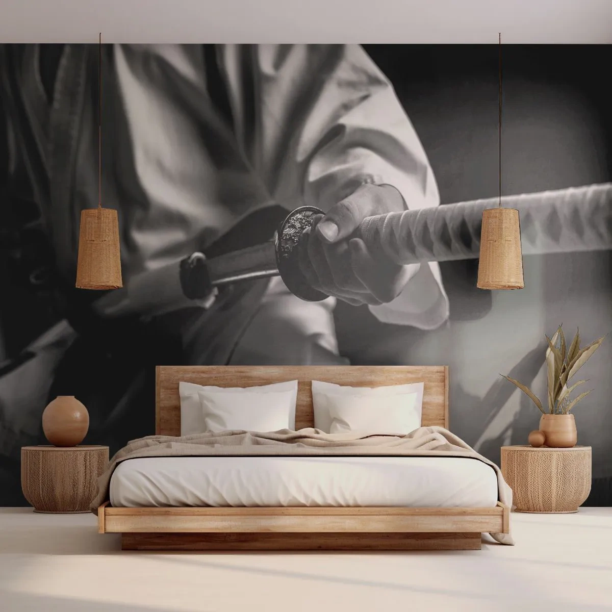 Fotomural Premium Canvas - Un samurái con kimono sosteniendo una katana en blanco y negro. - 100x70cm - Alma de guerrero - Decoración de pared moderna para salón y dormitorio ARTTOR
