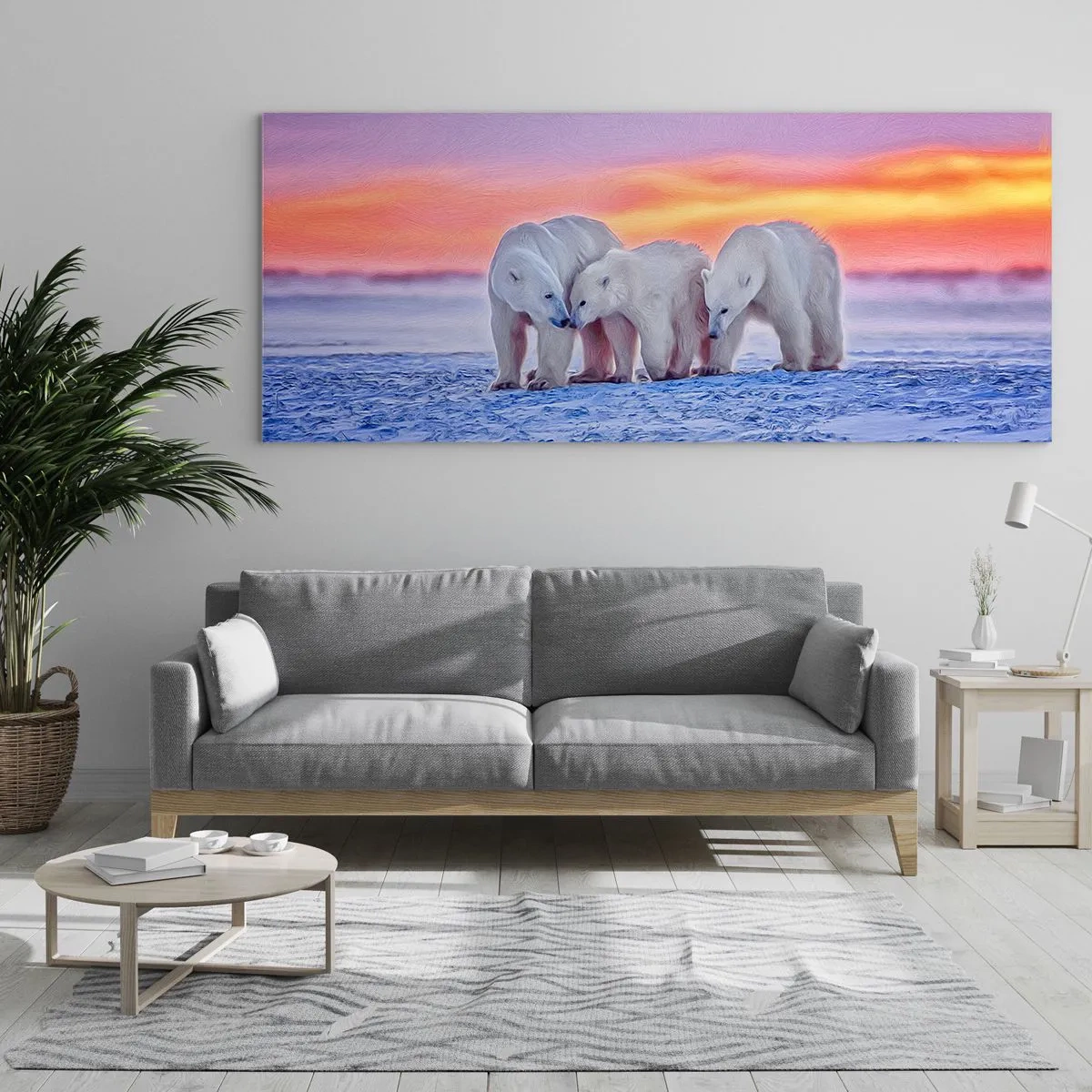 Cuadro sobre vidrio - Impresiones sobre Vidrio - Tres osos polares con el telón de fondo de una puesta de sol ártica. - 140x50cm - Todo lo que necesitas es el calor de la familia - Decoración de pared moderna para salón y dormitorio ARTTOR