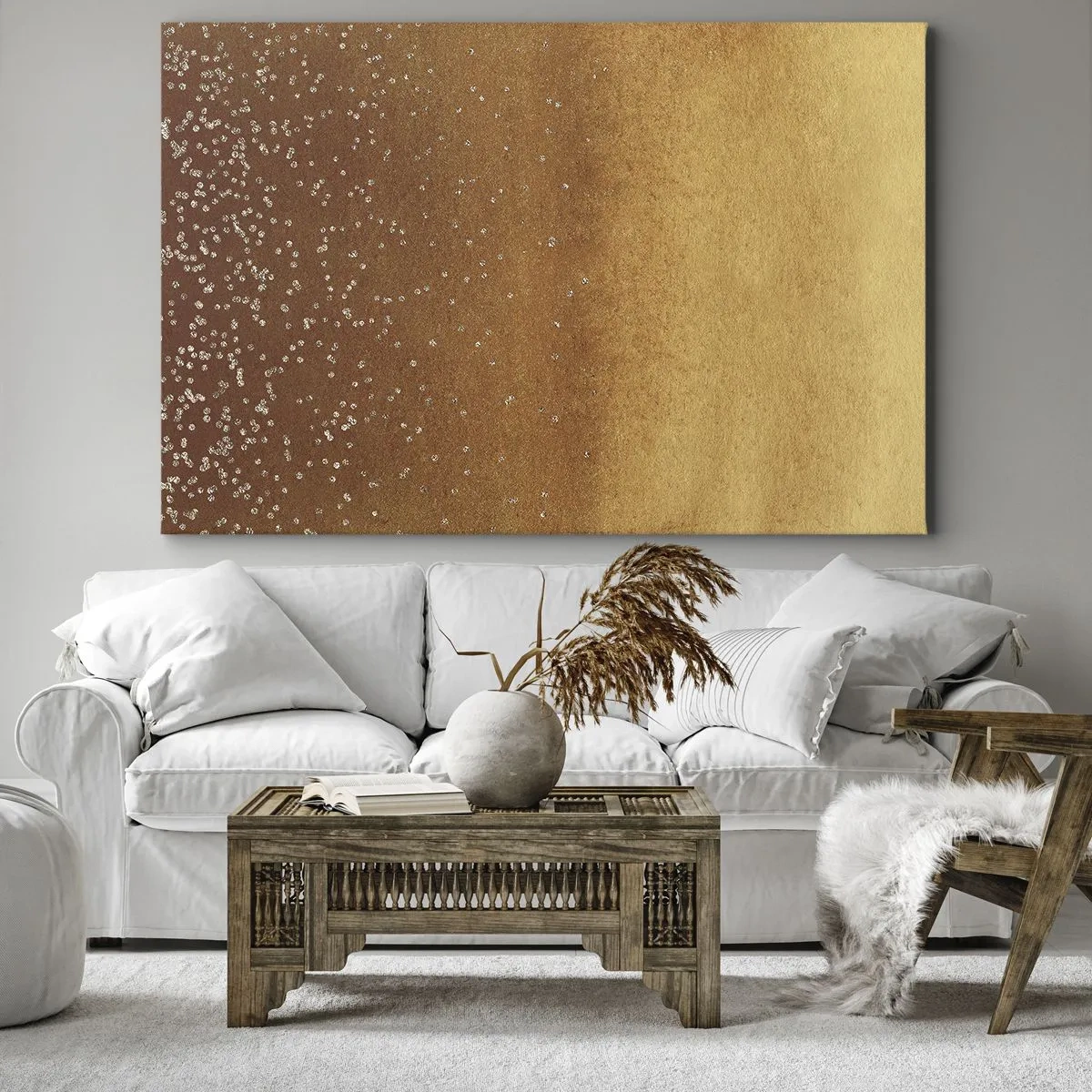 Cuadro sobre lienzo - Impresión de Imagen - Un degradado dorado con brillo sutil y adornos. - 70x50cm - Nacimiento de la luz - Decoración de pared moderna para salón y dormitorio ARTTOR