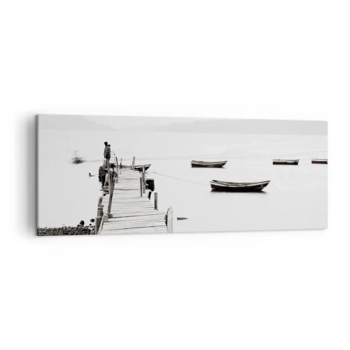 Cuadro sobre lienzo - Impresión de Imagen - Muelle de madera y barcos en aguas tranquilas - 140x50cm - Junto al agua tranquila y clara - Decoración de pared moderna para salón y dormitorio ARTTOR