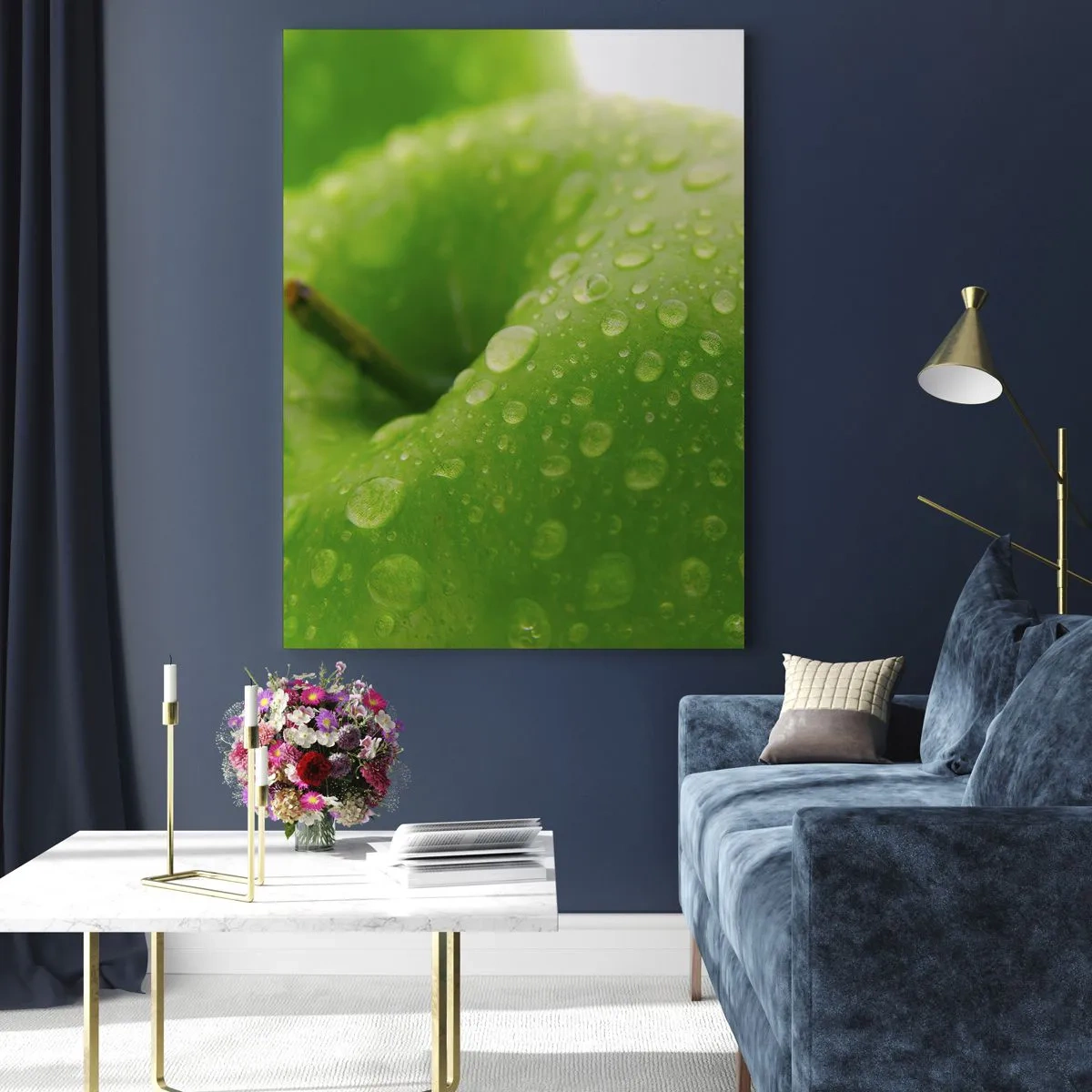 Cuadro sobre vidrio - Impresiones sobre Vidrio - Una manzana verde cubierta de gotas de agua. - 50x70cm - Frescor verde - Decoración de pared moderna para salón y dormitorio ARTTOR