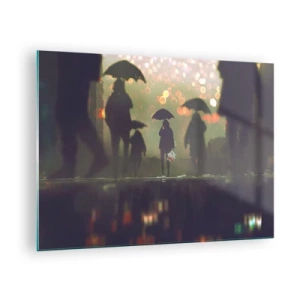 Cuadro sobre vidrio - Impresiones sobre Vidrio - Figuras con paraguas bajo la lluvia con las luces de la ciudad como telón de fondo - 70x50cm - Desde la perspectiva de una gota de lluvia - Decoración de pared moderna para salón y dormitorio ARTTOR