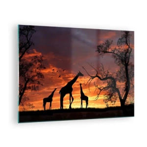Cuadro sobre vidrio - Impresiones sobre Vidrio - Siluetas de jirafas con el telón de fondo de una puesta de sol en un paisaje africano - 70x50cm - Una pequeña cena con tus seres queridos - Decoración de pared moderna para salón y dormitorio ARTTOR