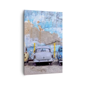 Cuadro sobre lienzo - Impresión de Imagen - Coches antiguos con un muro destruido como telón de fondo - 80x120cm - Reunión de veteranos - Decoración de pared moderna para salón y dormitorio ARTTOR