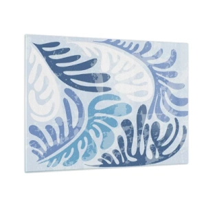 Cuadro sobre vidrio - Impresiones sobre Vidrio - Hojas de helecho decorativas en tonos azules sobre un fondo claro. - 70x50cm - Helechos azules - Decoración de pared moderna para salón y dormitorio ARTTOR