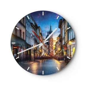 Reloj de pared - Reloj de vidrio - Una calle con vista a la Iglesia de Santa María al atardecer. - 30x30cm - El encanto de Cracovia - Decoración de pared moderna para salón, cocina y dormitorio ARTTOR