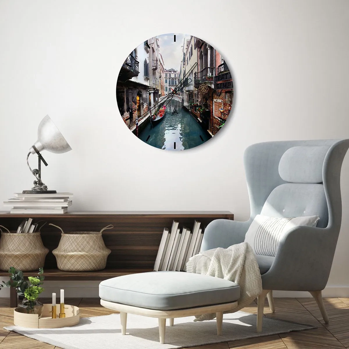 Reloj de pared - Reloj de vidrio - Paisaje veneciano con góndola y puente - 40x40 cm