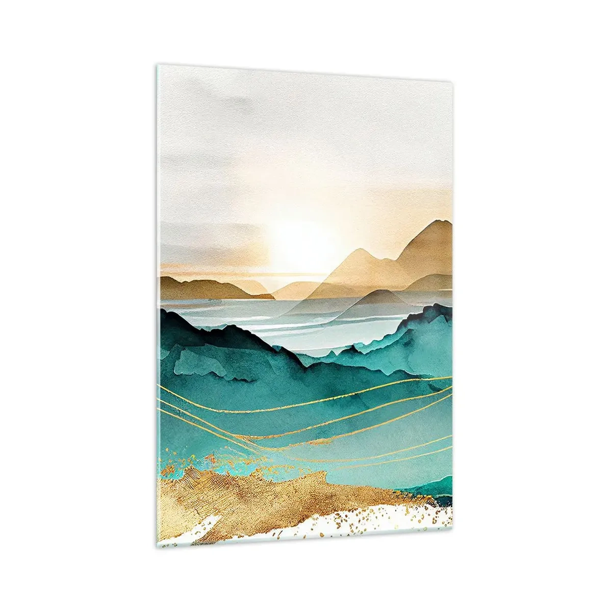 Cuadro sobre vidrio - Impresiones sobre Vidrio - Paisaje abstracto con montañas y acentos dorados. - 70x100cm - Al borde de la abstracción - paisaje - Decoración de pared moderna para salón y dormitorio ARTTOR